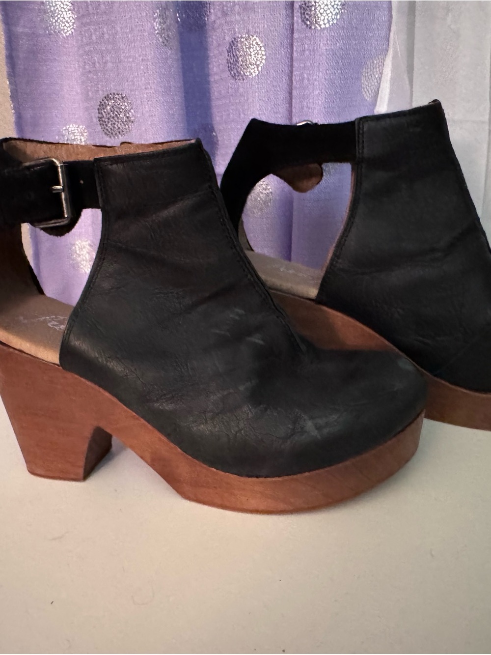 Free People Black Leather Platform Clog Booties with Wood-Look Heel